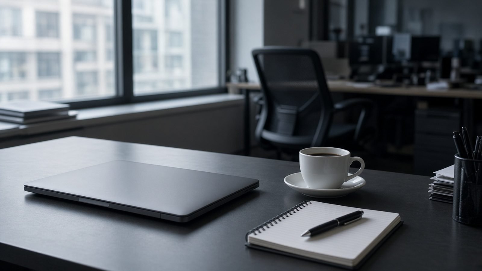 A Monday morning news desk with a closed laptop and coffee