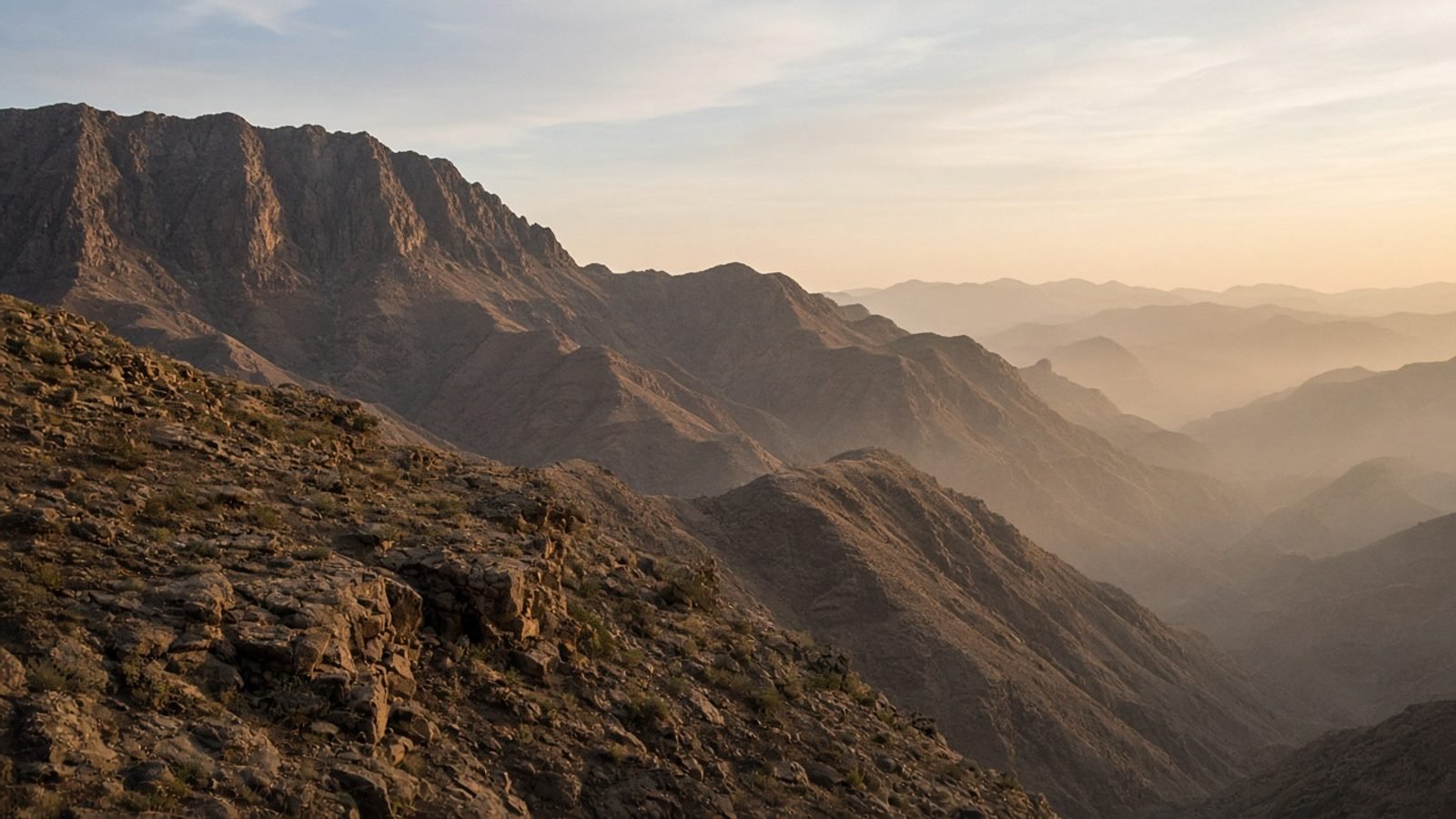 Rugged arid mountain ridgeline in late afternoon haze