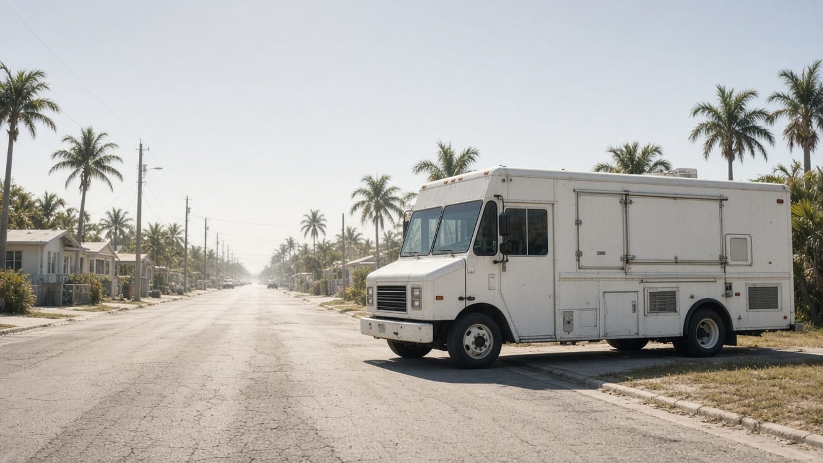 A closed food truck on an empty suburban street at midday