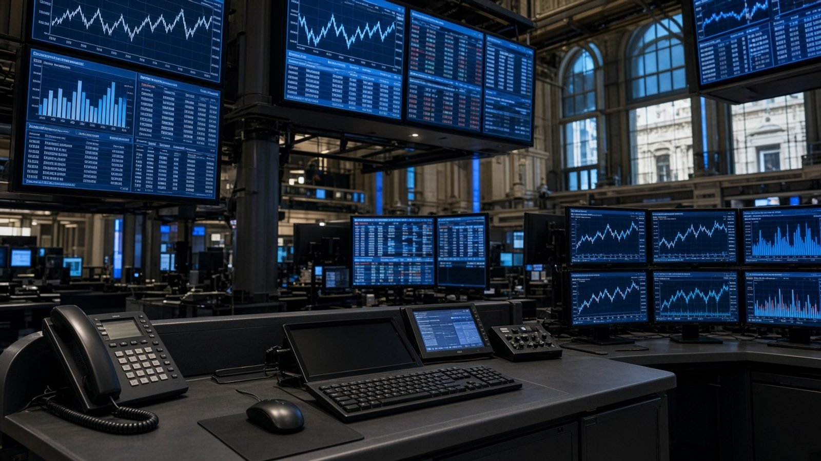 Stock-exchange screens glowing at midday over an empty desk