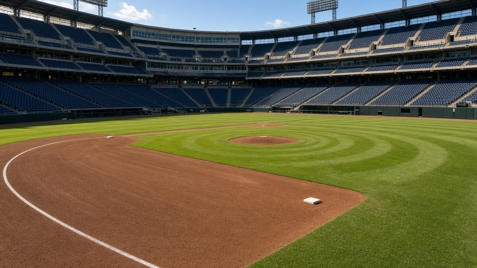 An empty baseball stadium in afternoon sun with unused navy seats