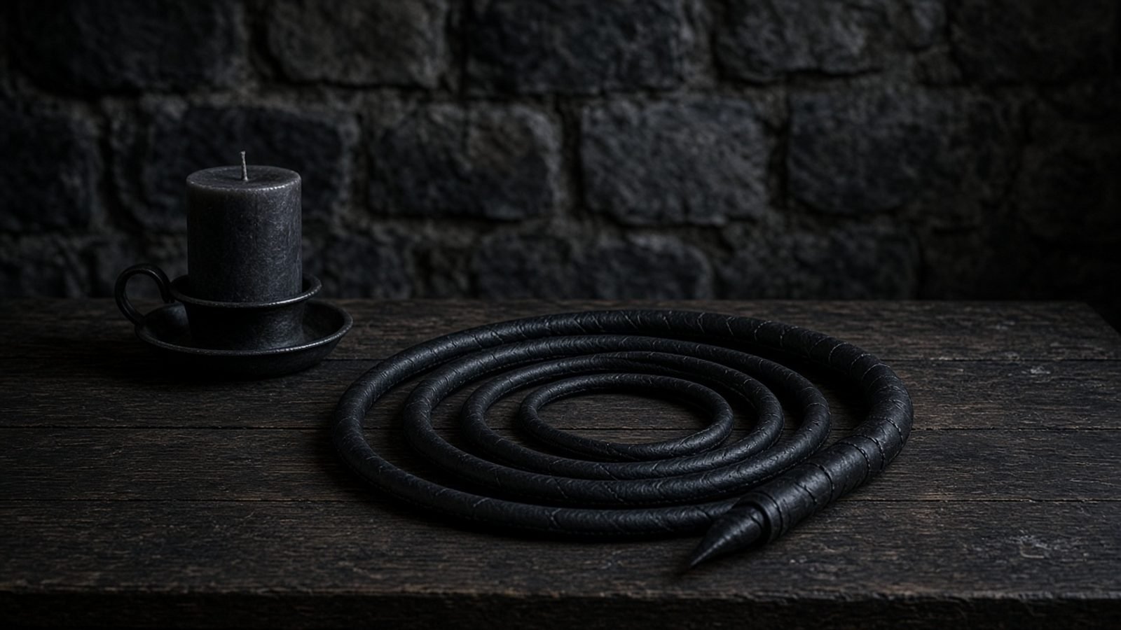 A coiled leather whip on a dark wooden table beside an unlit candle