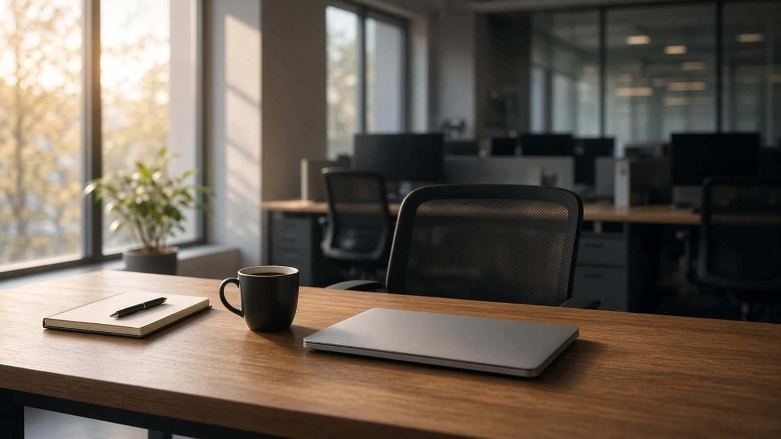 A Monday afternoon news desk with a closed laptop and coffee