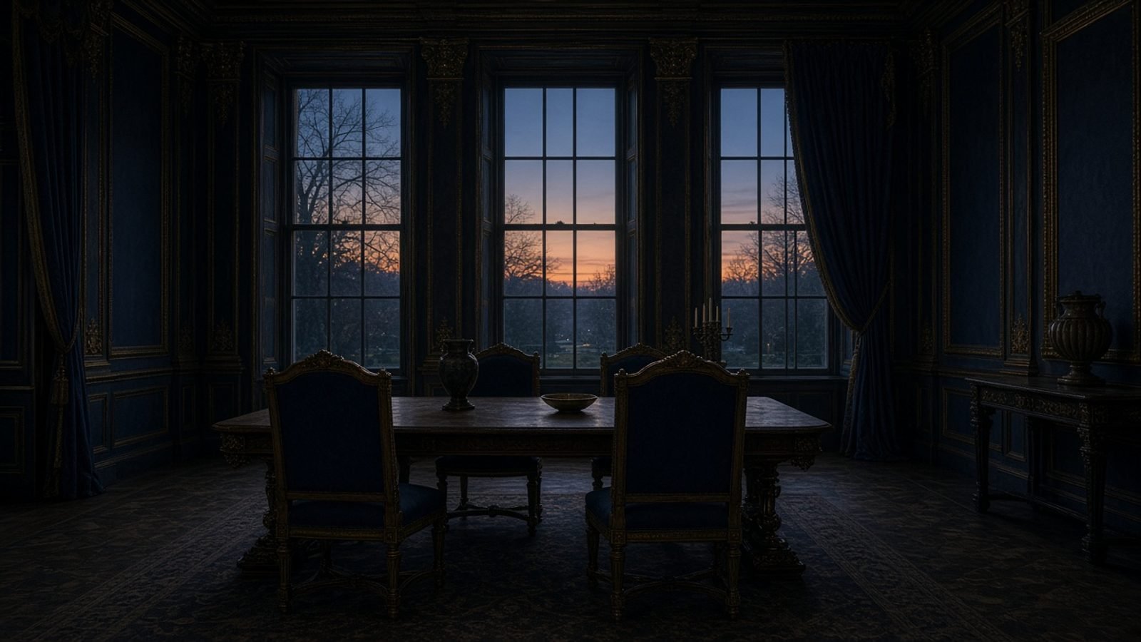 A dim historic parlor with two empty chairs facing a long unused table