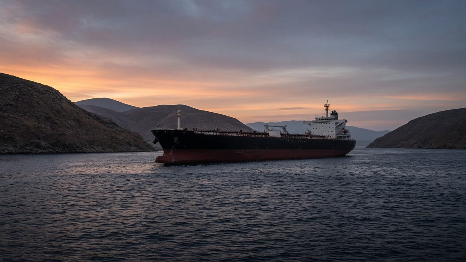 A tanker on dark gulf water at dusk with distant arid hills