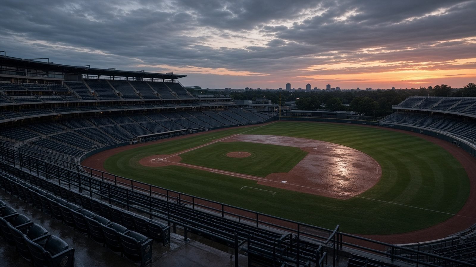 An empty wet baseball stadium at dusk after rain