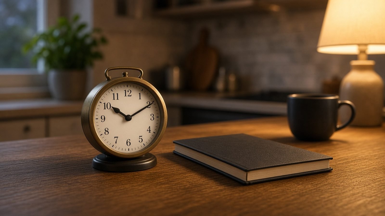 An analog clock and a closed notebook on a kitchen table in evening light