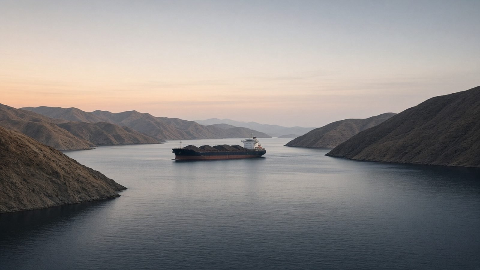 A lone bulk cargo ship on a narrow gulf strait at dawn