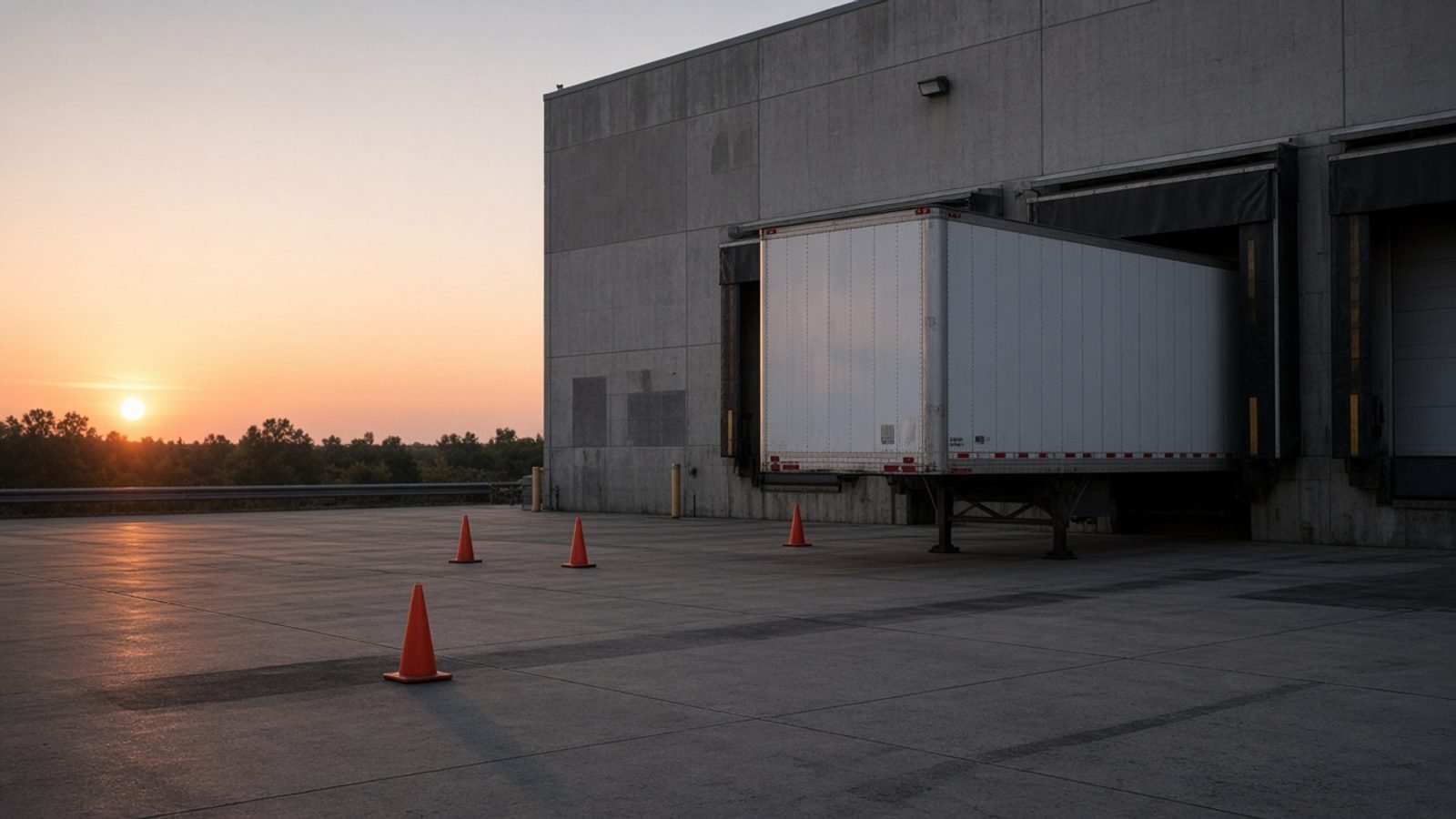 An empty loading dock and a closed tractor-trailer at dawn