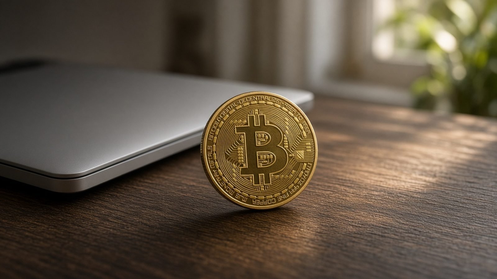 A physical Bitcoin coin on a dark wooden desk beside a closed laptop