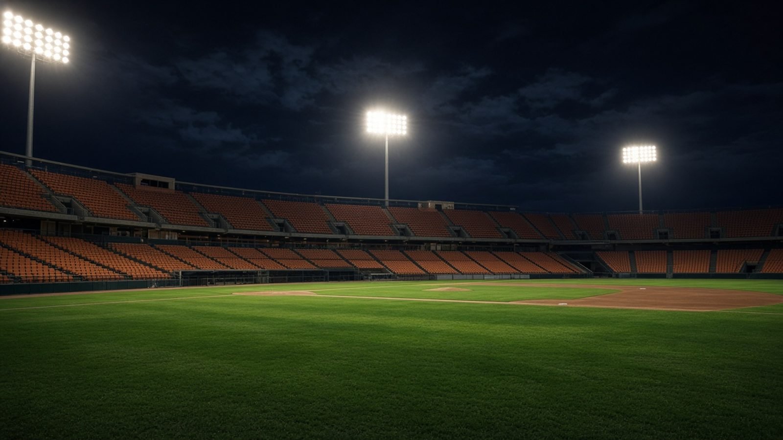 An empty baseball stadium at night with unused orange seats