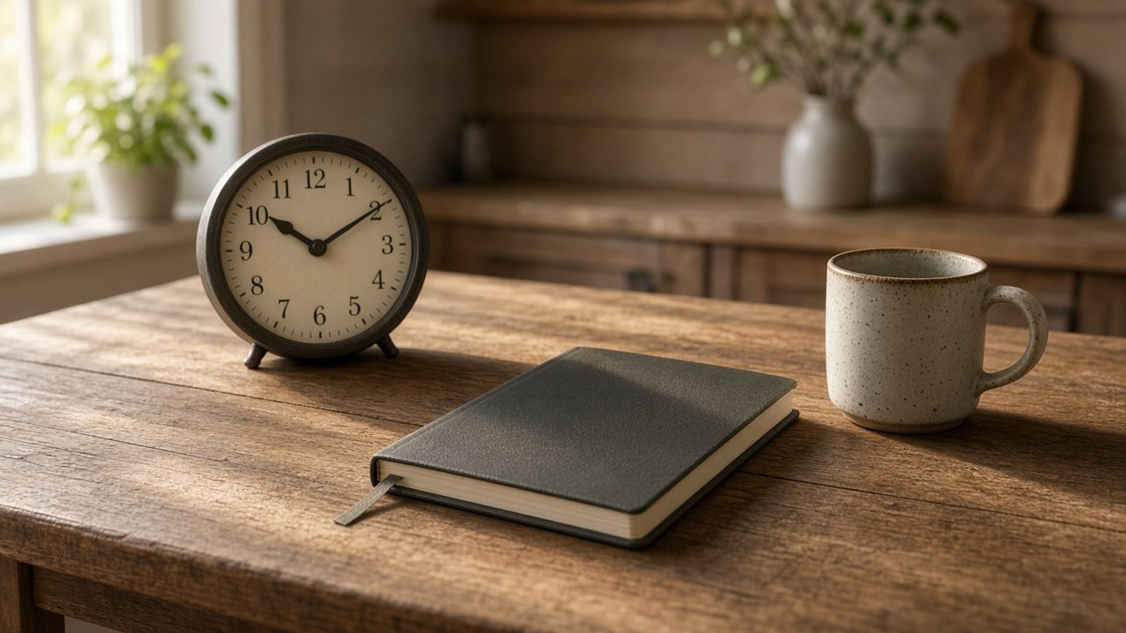 An analog clock and a closed notebook on a kitchen table in morning light