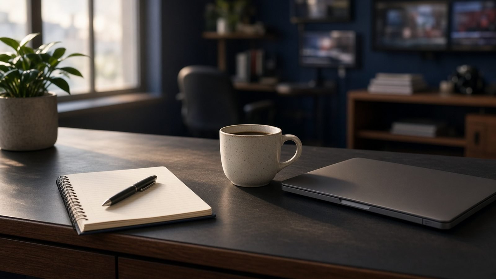 A Tuesday morning news desk with a closed laptop and coffee