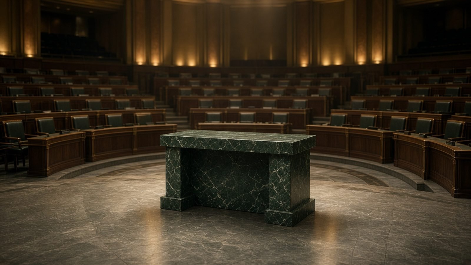 An empty marble speakers podium in a vast unused assembly hall