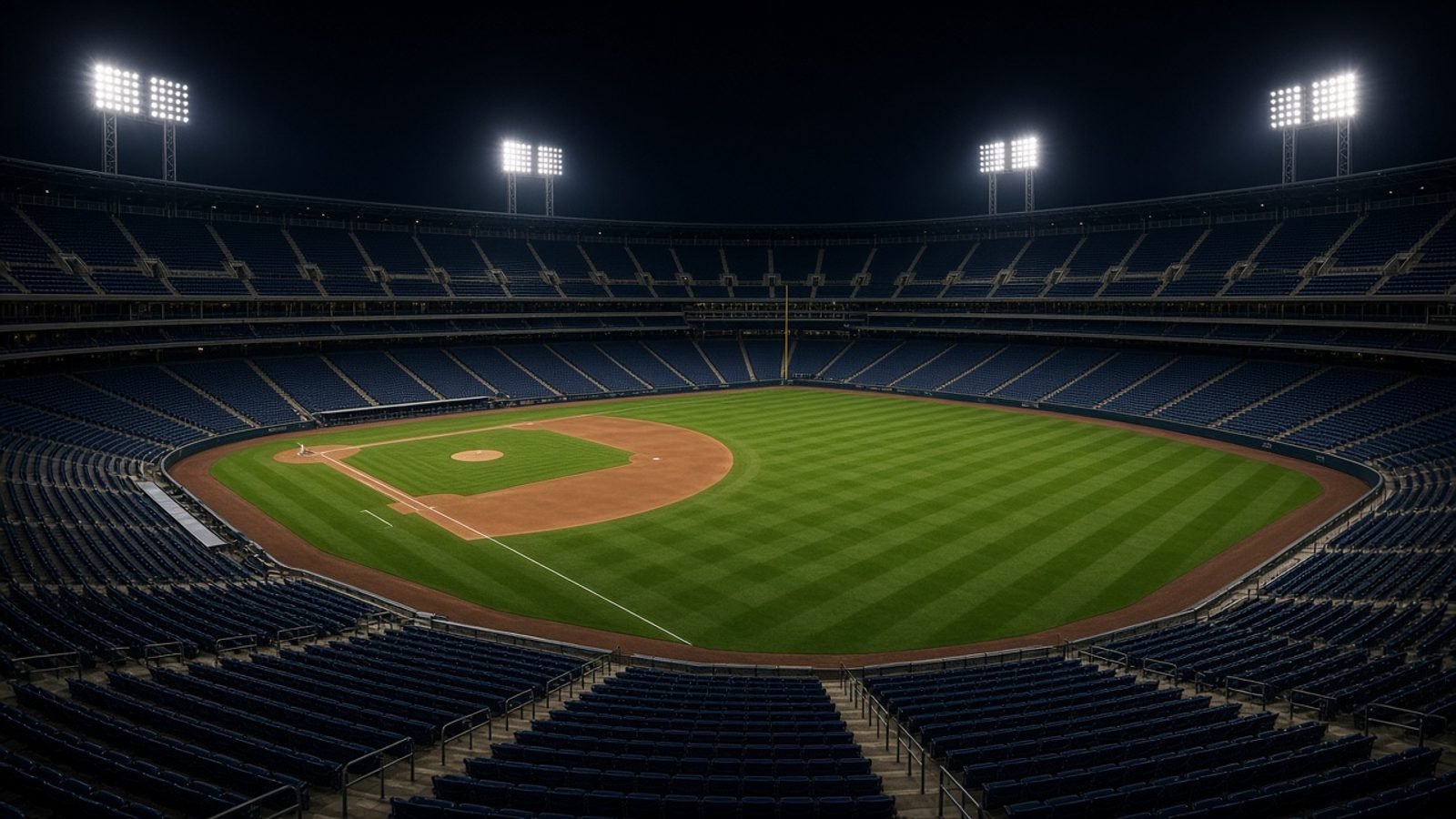 An empty baseball stadium at night with unused navy seats