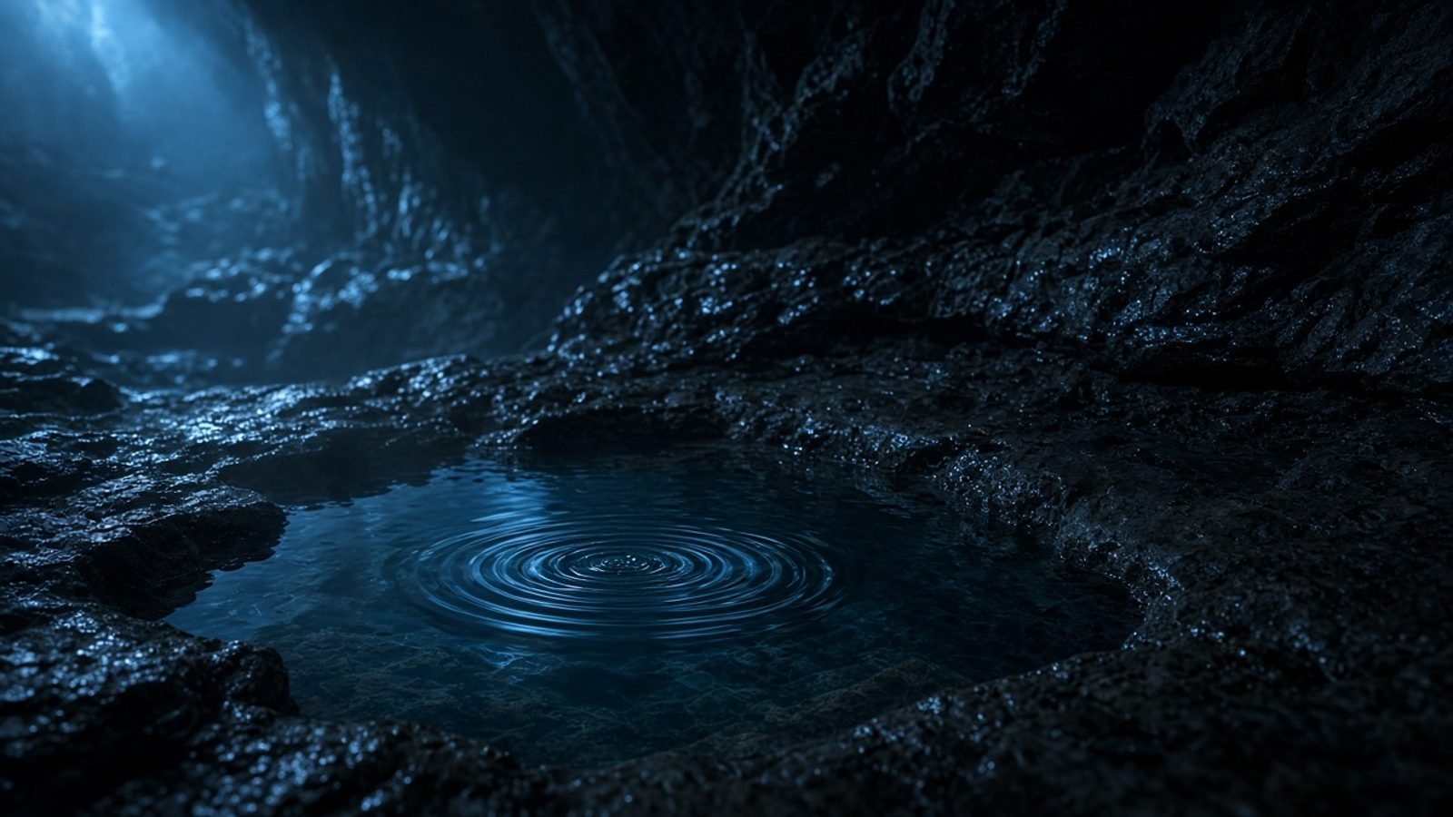 A still pool of clear water on dark stone in cool blue light