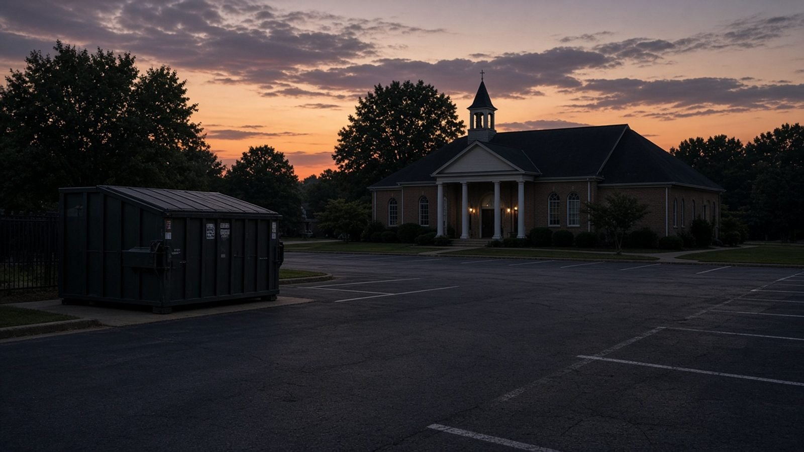 An empty church parking lot at dusk with a closed metal dumpster