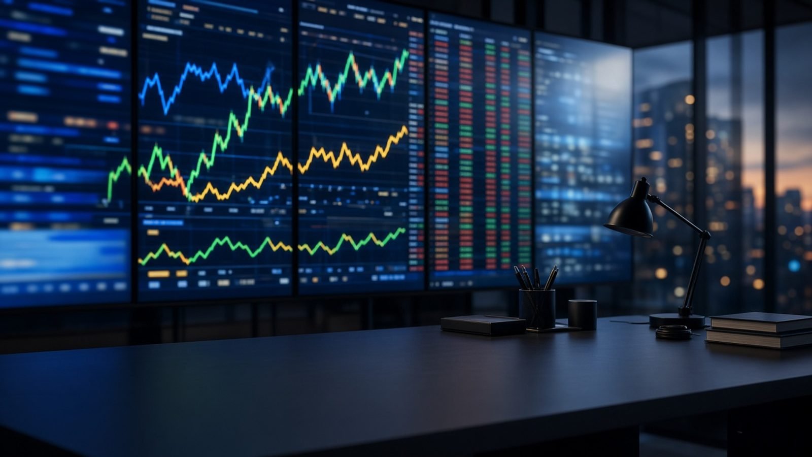 Stock-exchange screens glowing at the closing bell