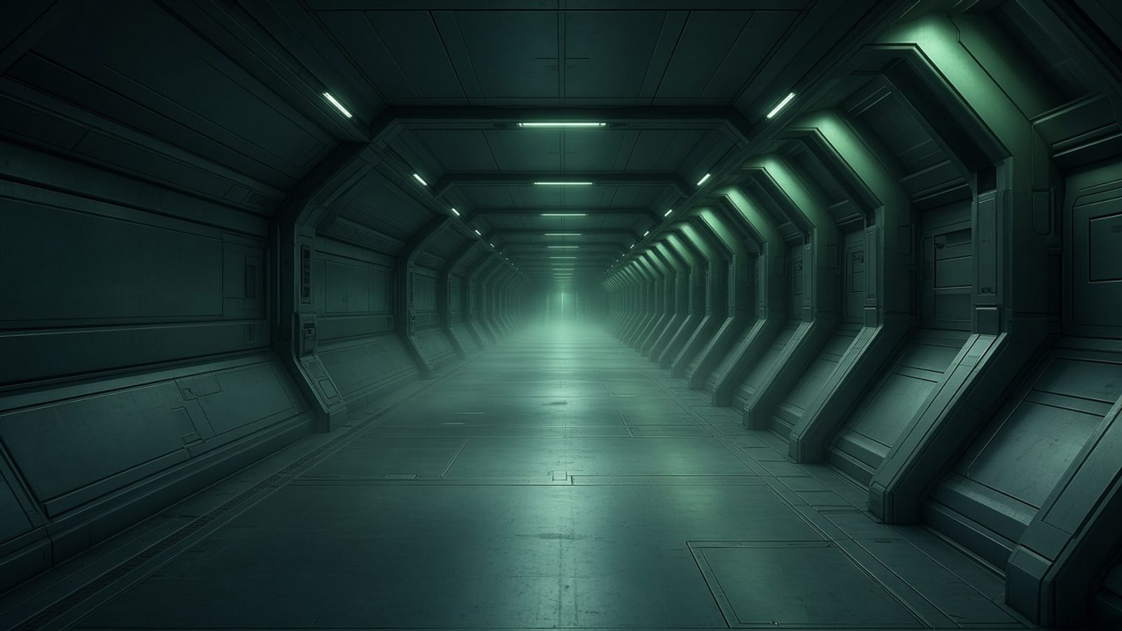 An empty futuristic corridor with cool green light and unused metal floor