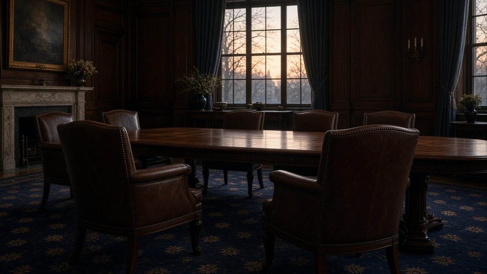 Two empty leather chairs at a long unused conference table at dawn