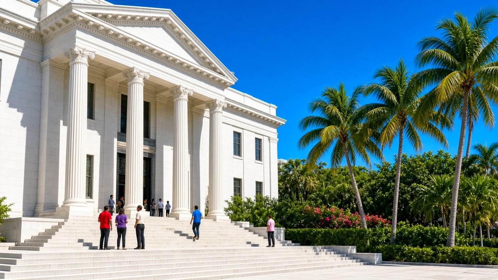 A sunlit white courthouse with palm trees and a cobalt sky