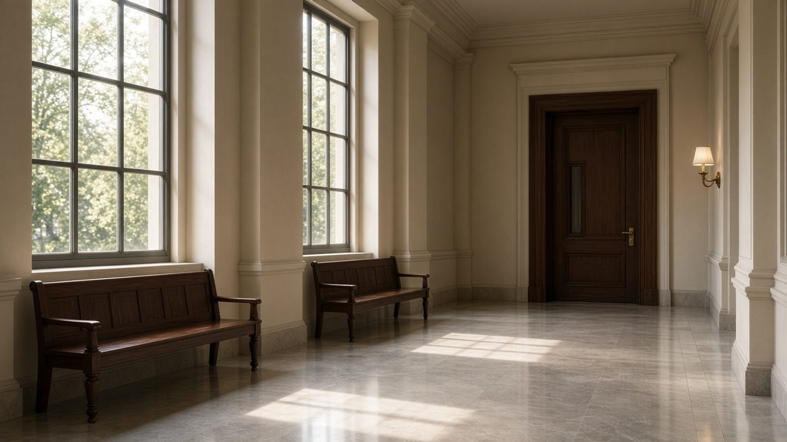 An empty federal courthouse corridor with unused wooden benches