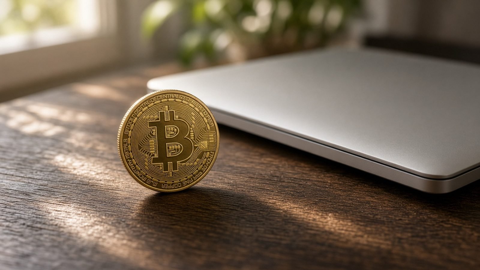 A physical Bitcoin coin on a dark wooden desk beside a closed laptop