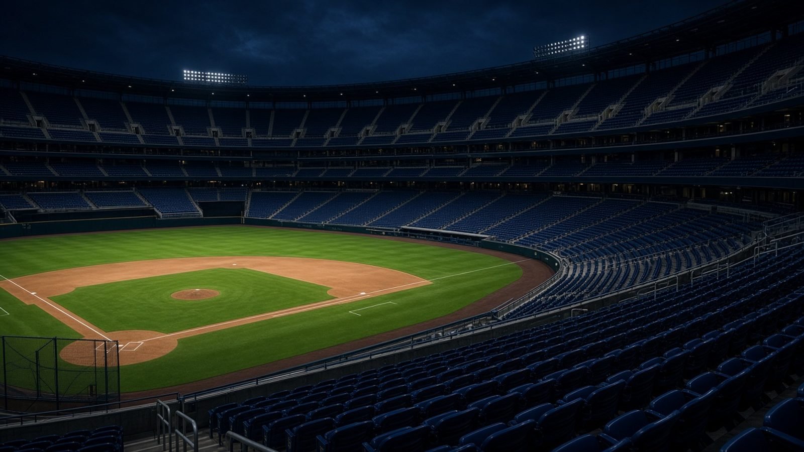 An empty baseball stadium at night with unused navy seats
