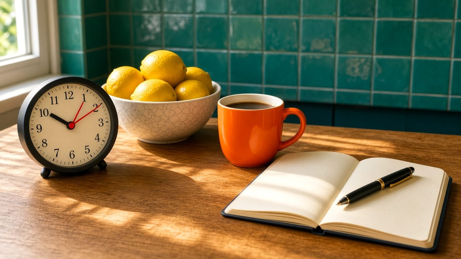 A bright kitchen table with a red-handed clock, orange mug, and yellow lemons