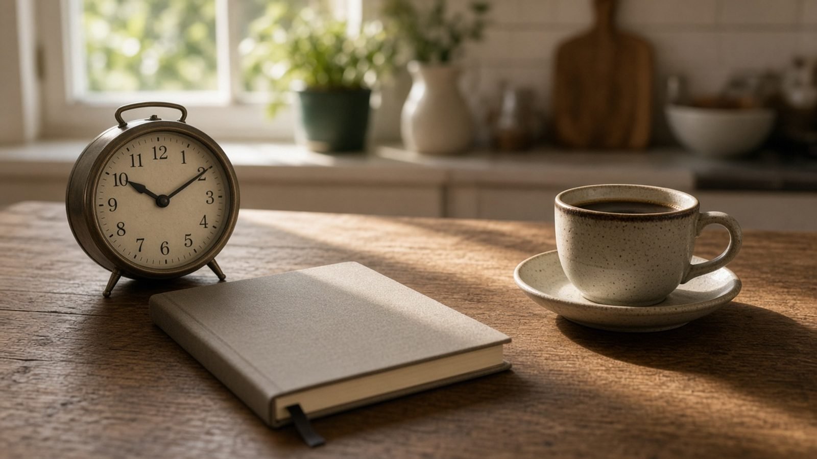 An analog clock and a closed notebook on a kitchen table in morning light