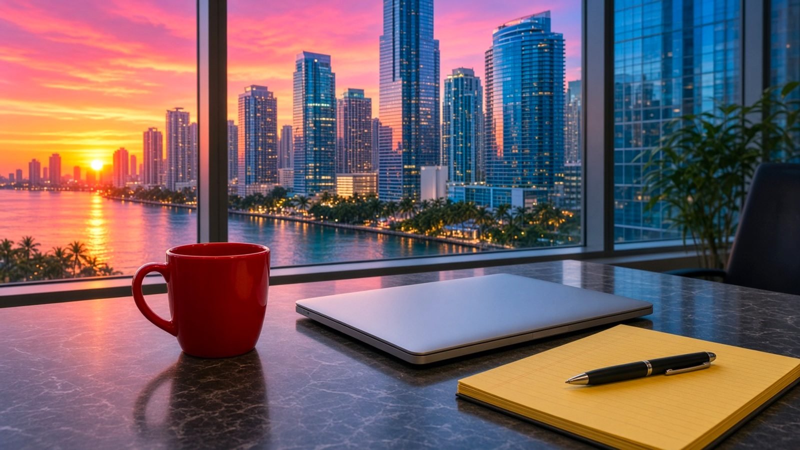 A morning news desk with a red mug and a pink-gold sunrise skyline