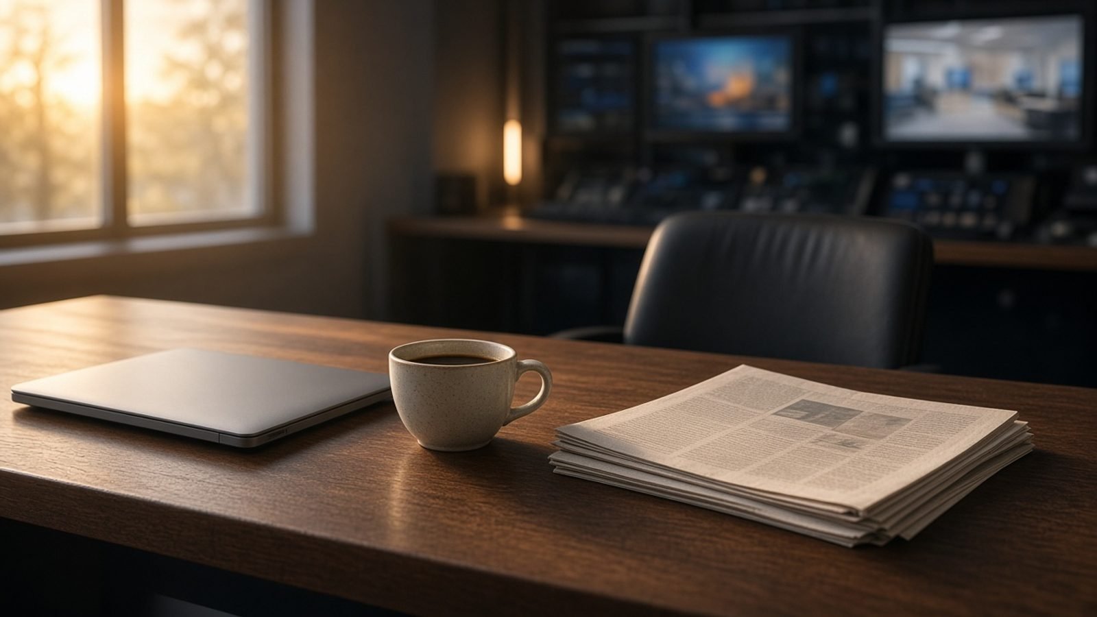 A Wednesday morning news desk with a closed laptop and coffee