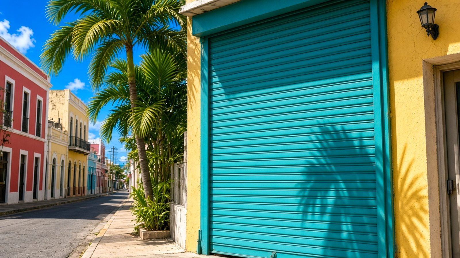 A sunlit Caribbean street with pastel buildings, palms, and a teal roll door