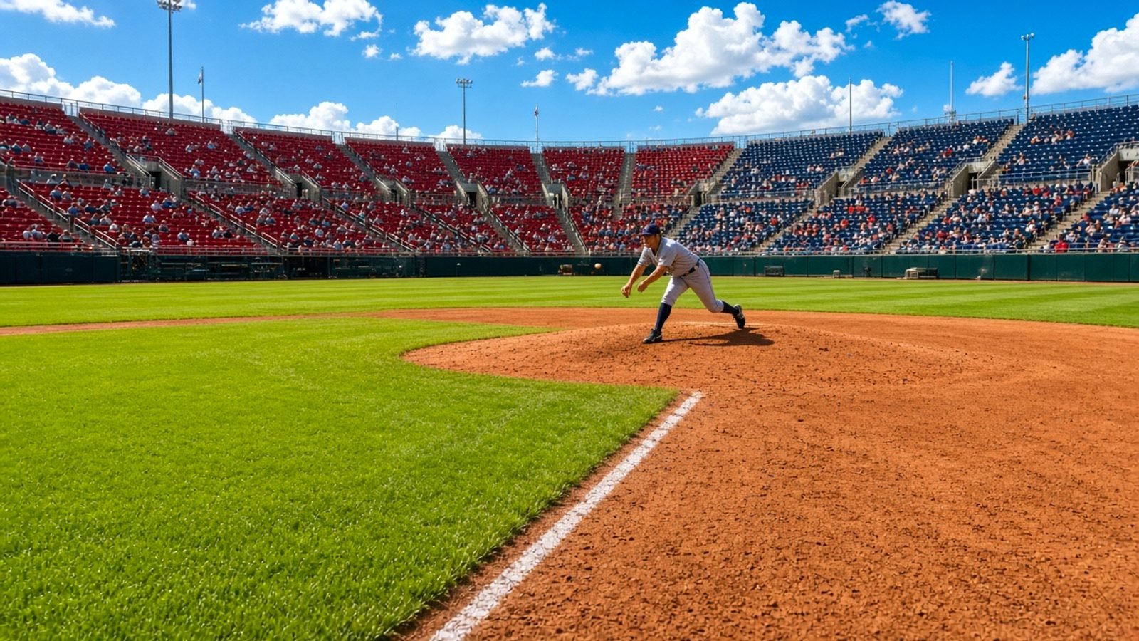 A sunlit baseball diamond with vivid green grass and red dirt