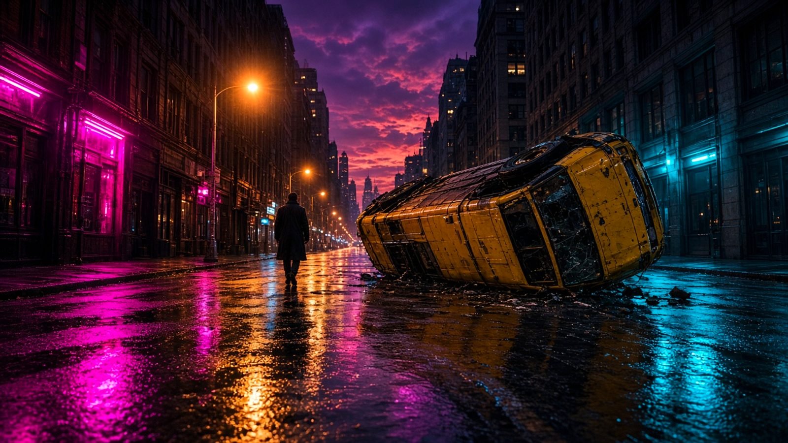 A neon-magenta and teal warped city street at dusk