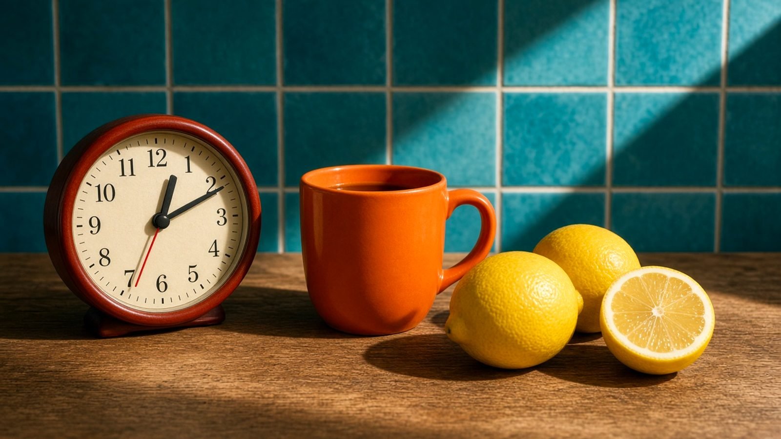 A bright afternoon table with a red-handed clock, orange mug, and yellow lemons