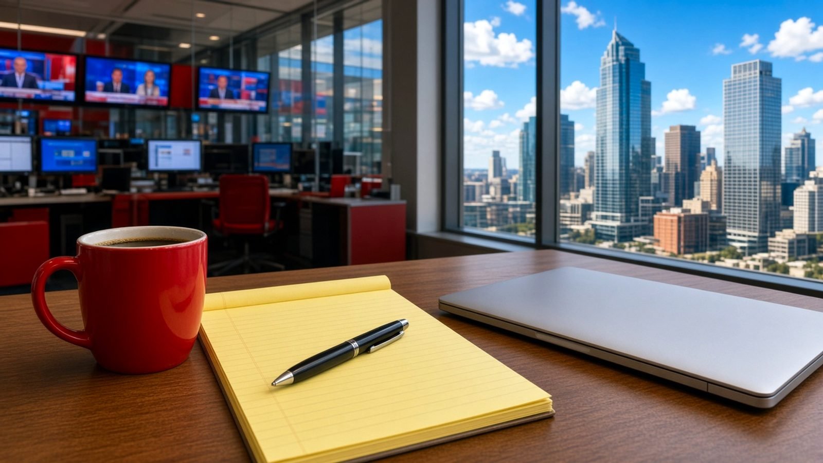 A midday news desk with a red mug and sunlit glass towers