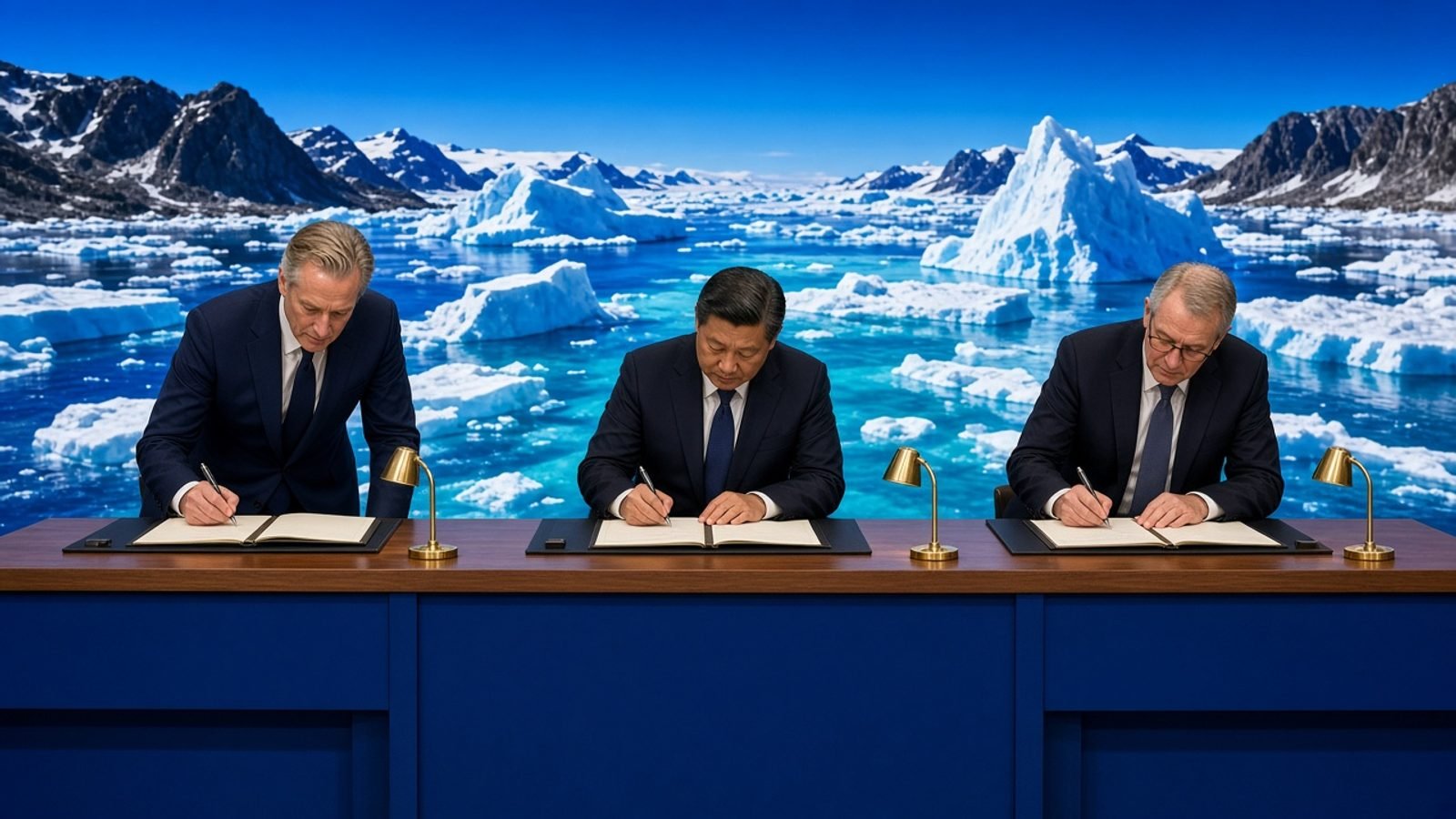A cobalt-blue signing hall with gold lamps and a turquoise ice-fjord mural