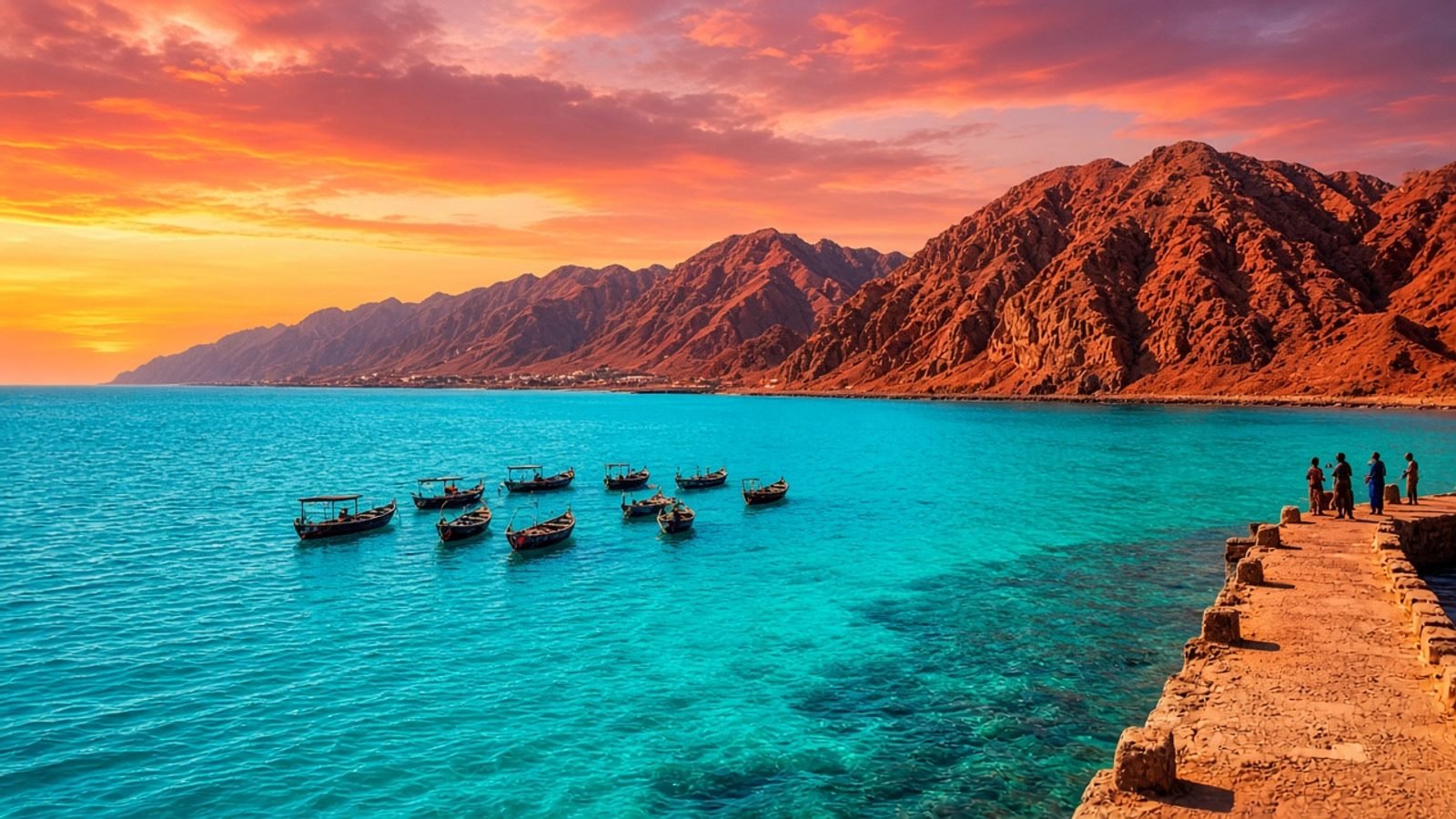 Turquoise Red Sea water, rust-red cliffs, and an orange-pink sunset