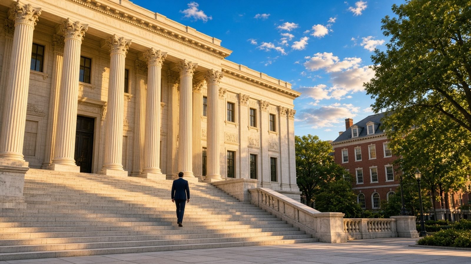 A sunlit courthouse plaza with gold stone, green trees, and a cobalt sky