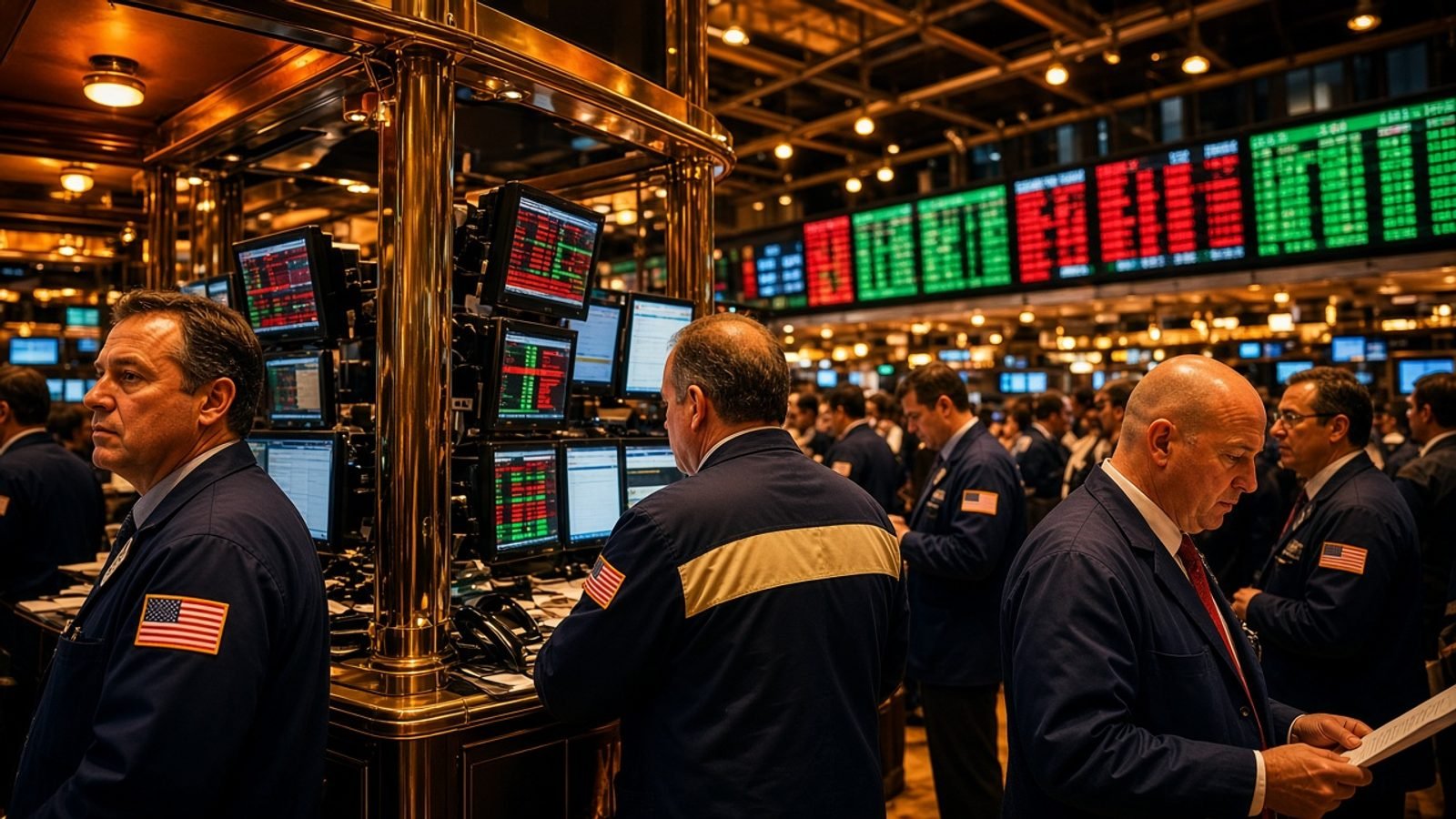 A trading floor at the close with amber lights and green-red tickers