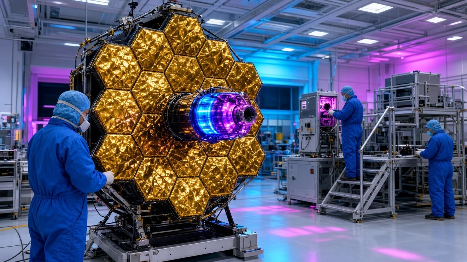 A gold telescope mirror under cyan and magenta clean-room lights