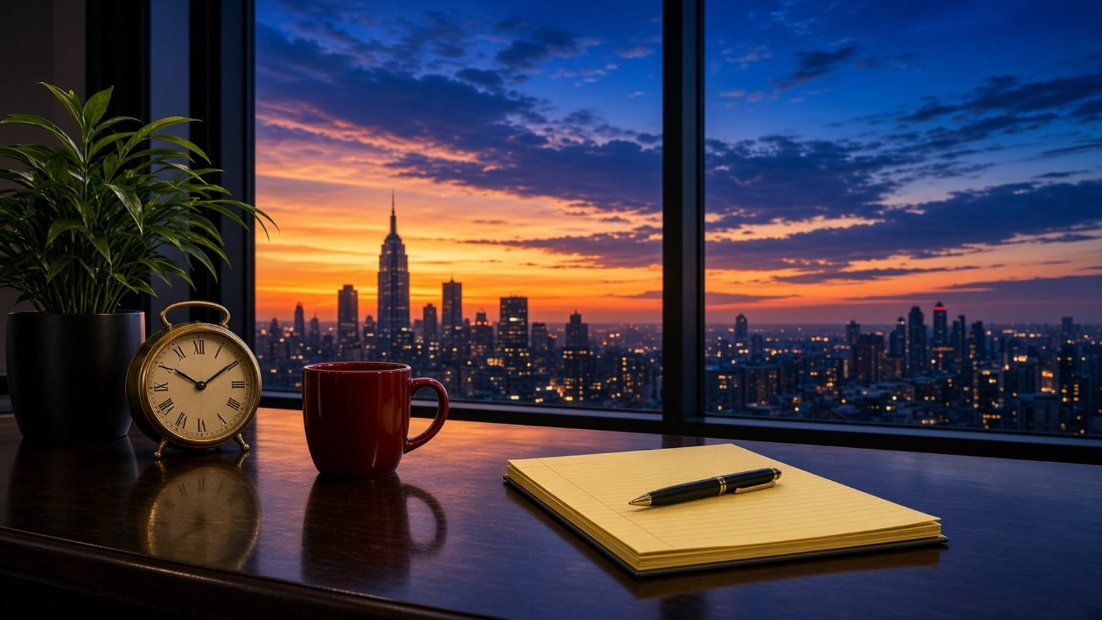 An evening news desk with a red mug, brass clock, and orange sunset skyline