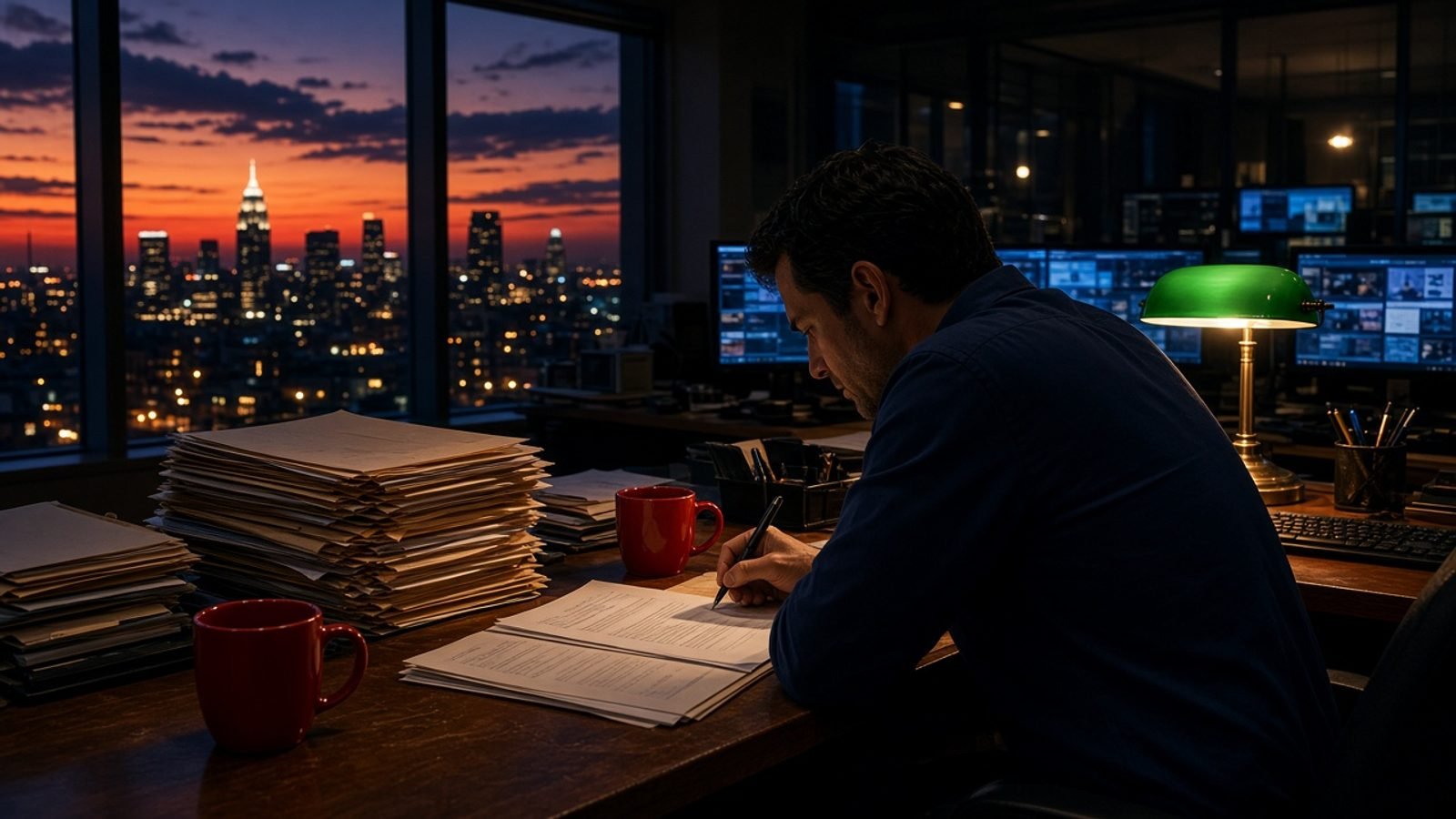 A night assignment desk with a red mug, green lamp, and orange skyline
