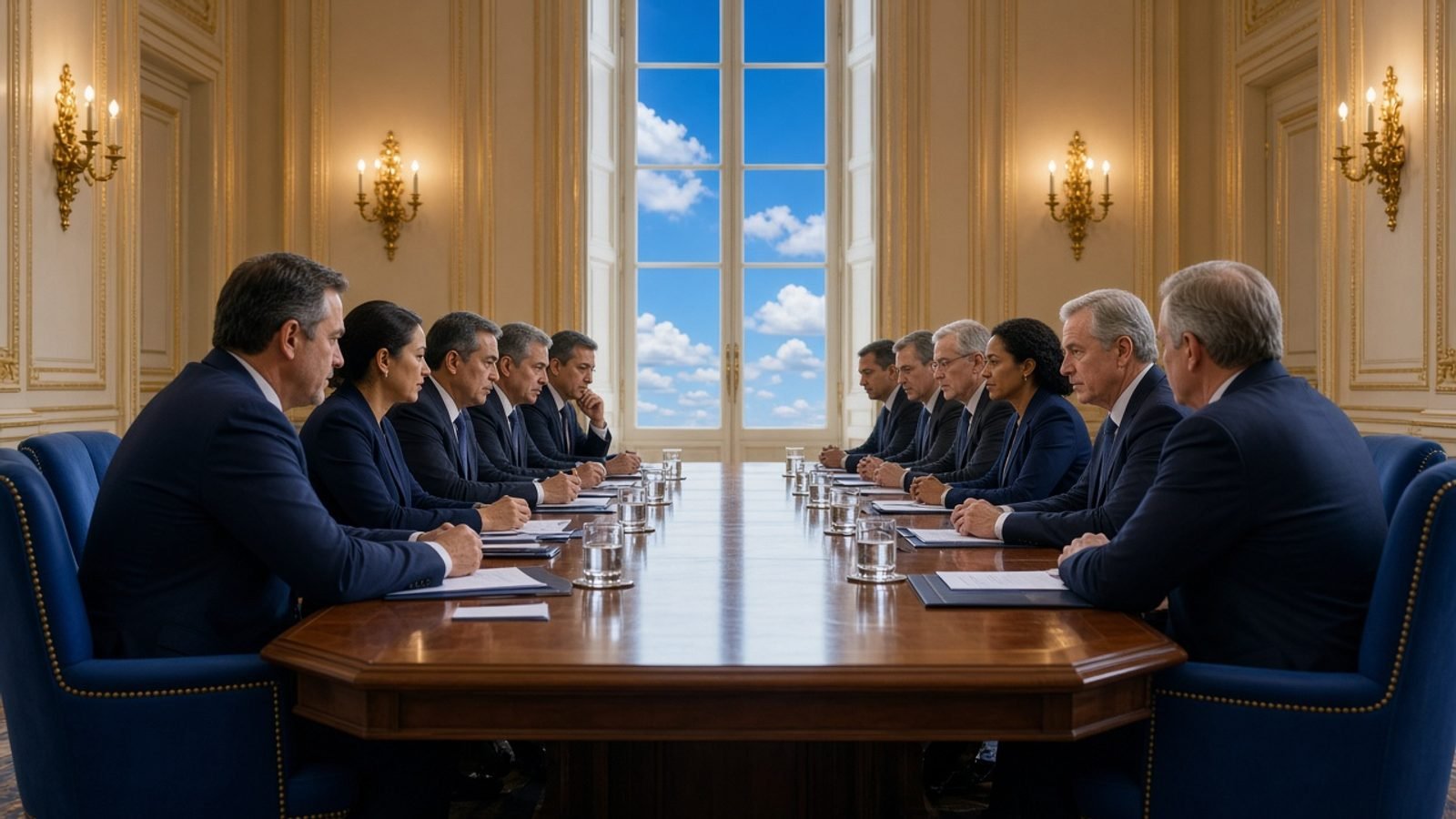 A sunlit negotiation hall with royal-blue chairs and a cobalt sky window
