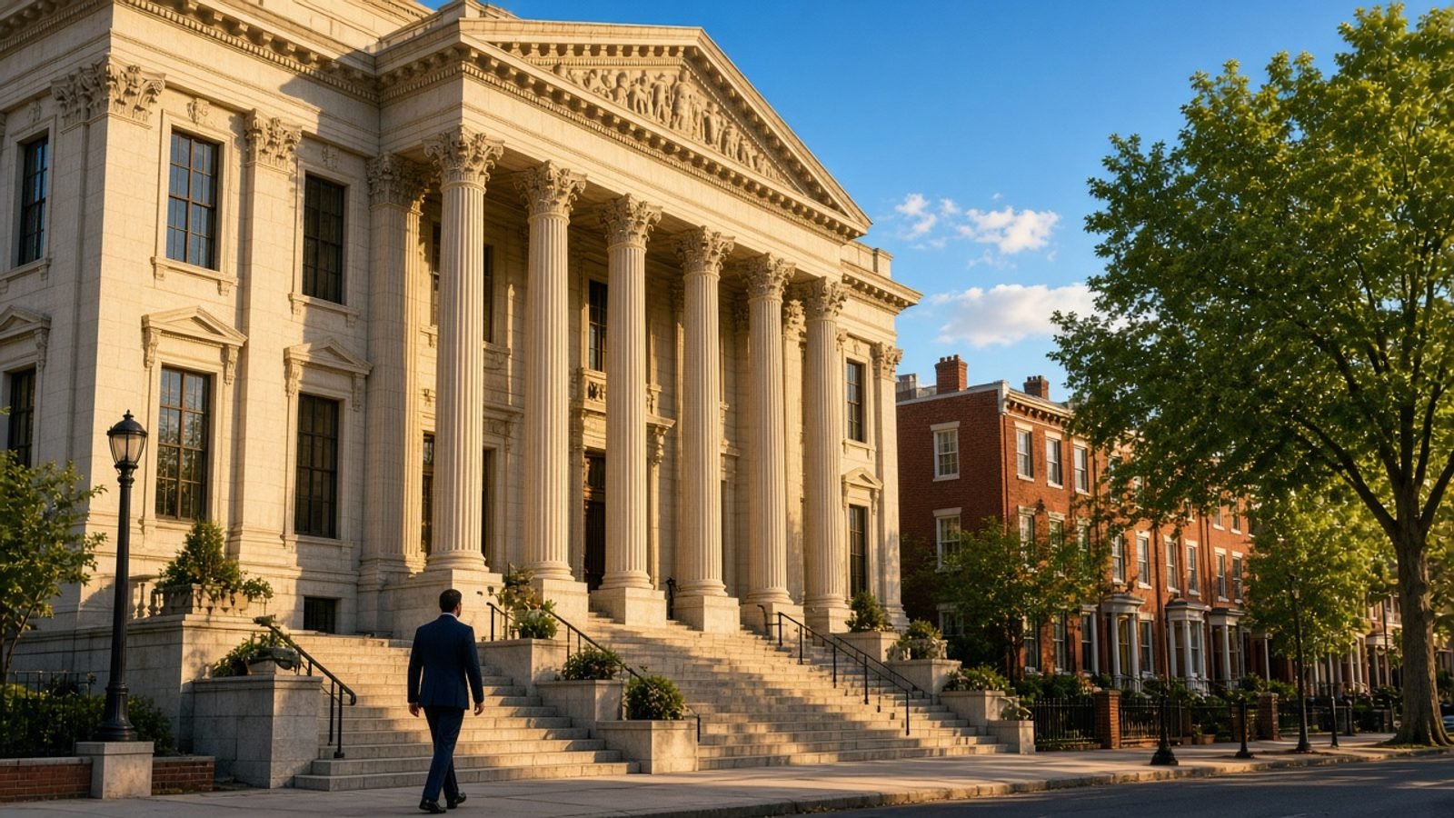 A sunlit Philadelphia courthouse with gold stone, green trees, and a cobalt sky