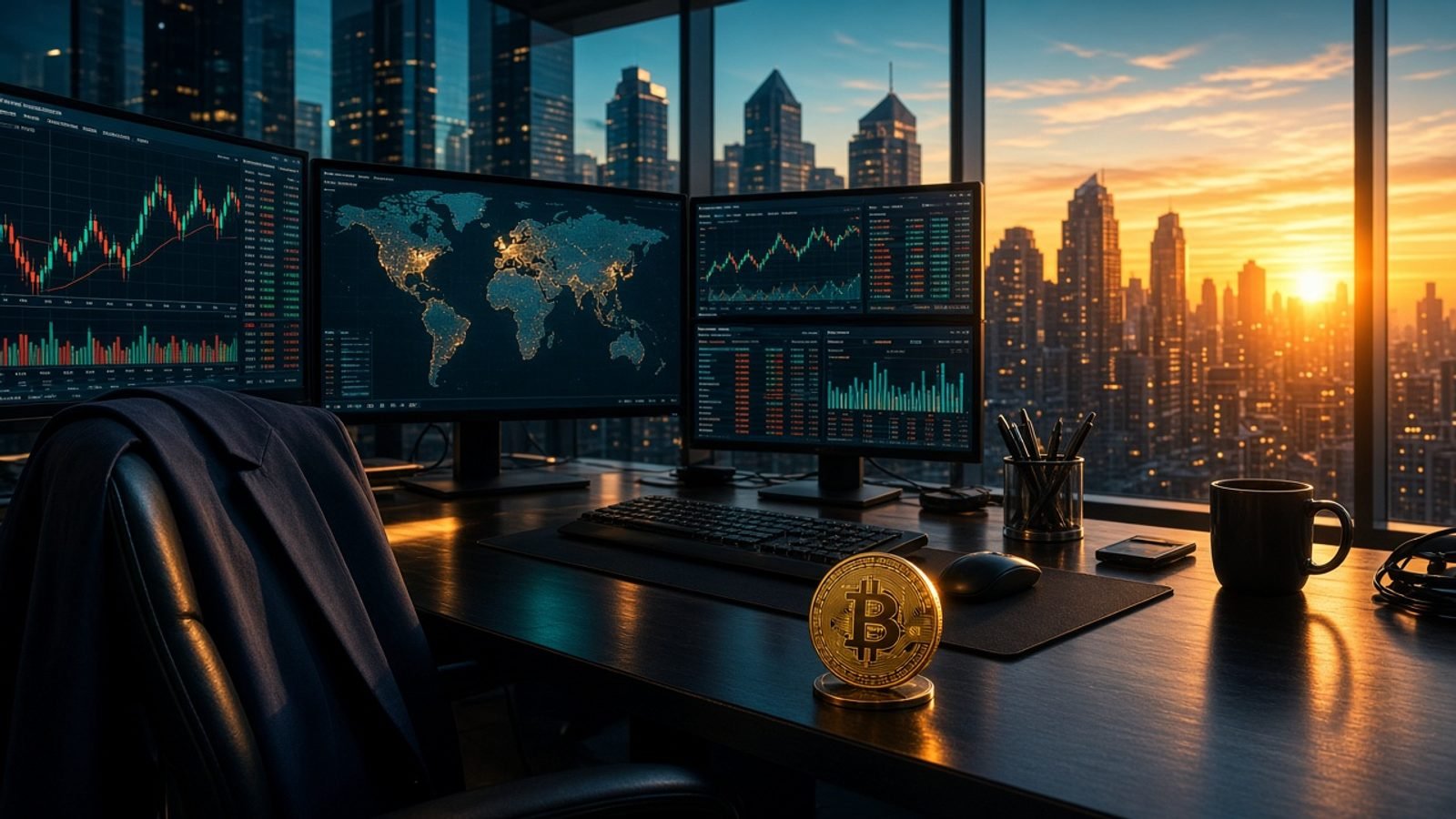 A dawn trading desk with teal screens, gold light, and orange glass towers