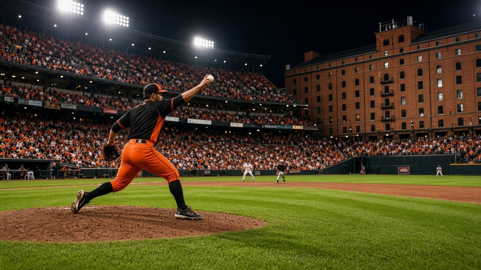 A night baseball diamond with vivid green grass and warm stadium lights