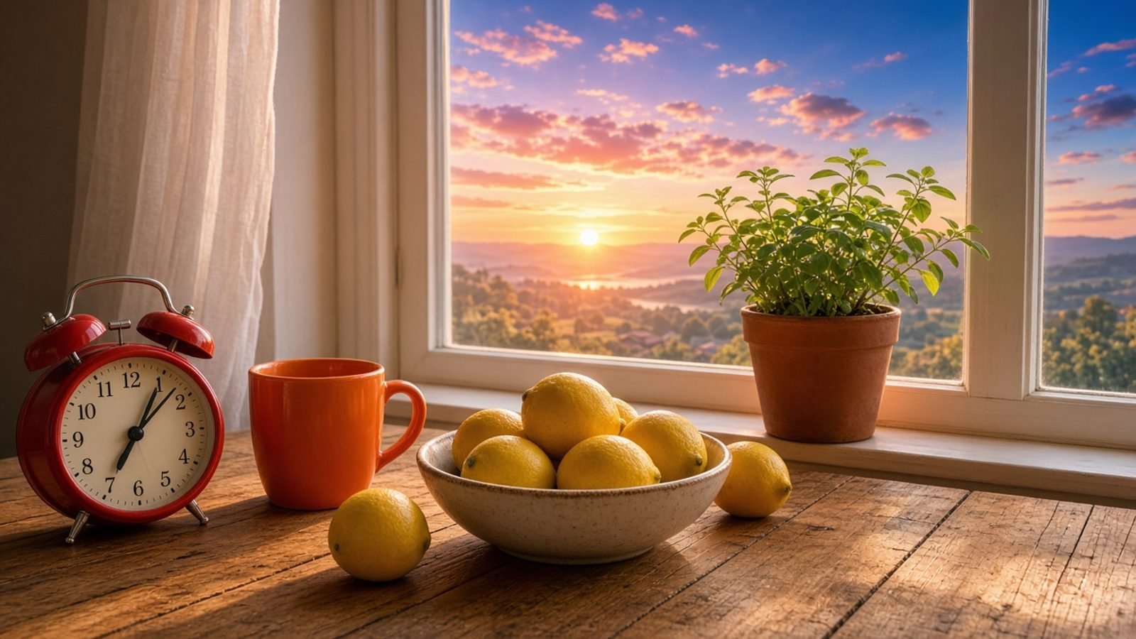 A bright morning table with a red-handed clock, orange mug, and yellow lemons