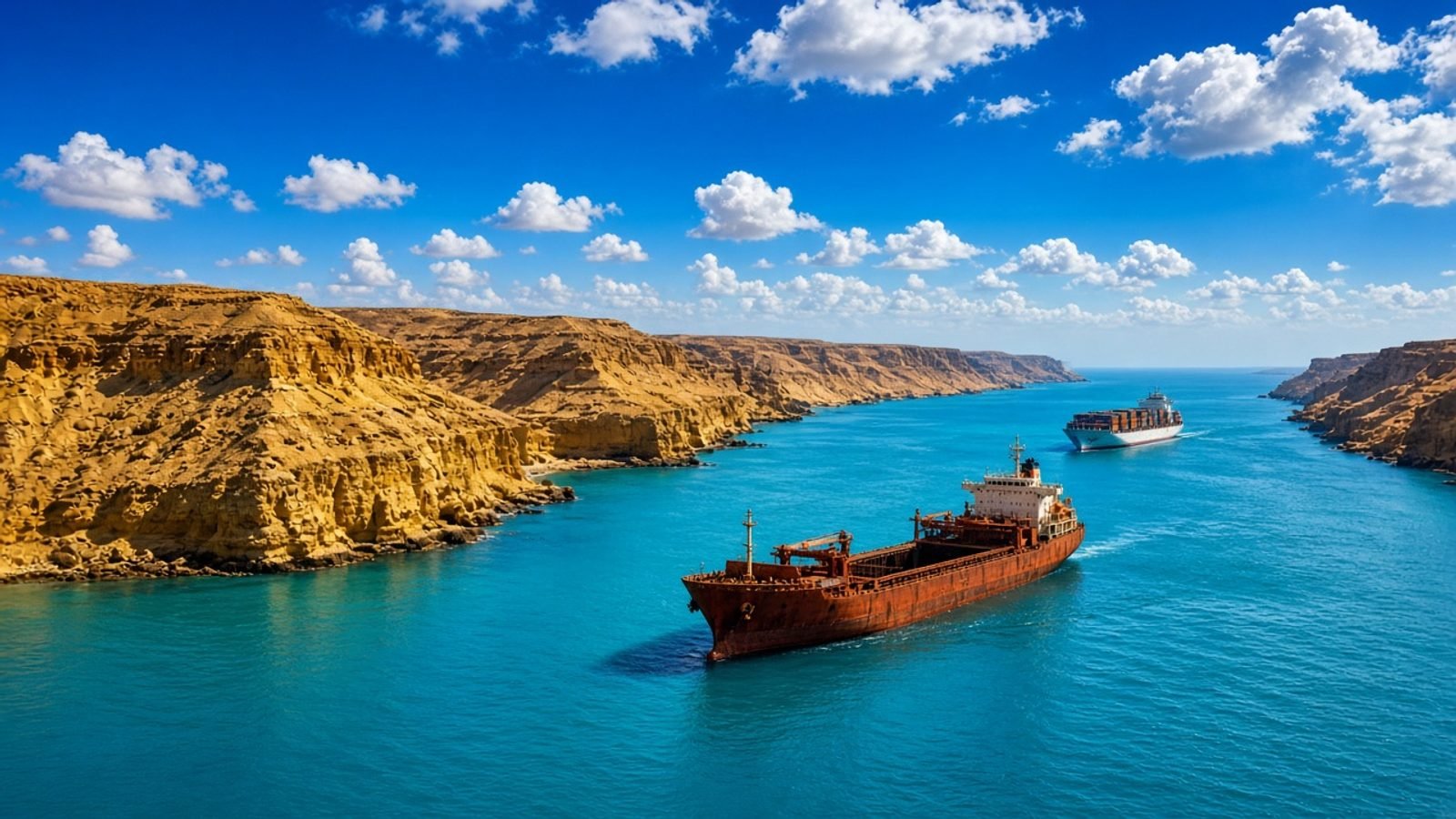 Turquoise strait water, a rust-red freighter, and gold cliffs under a cobalt sky